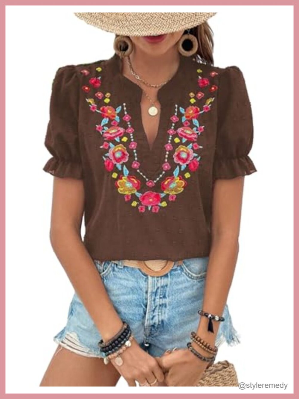 ZILIN Women's Floral Embroidered V Neck Puff Sleeve Boho Summer Blouse Top